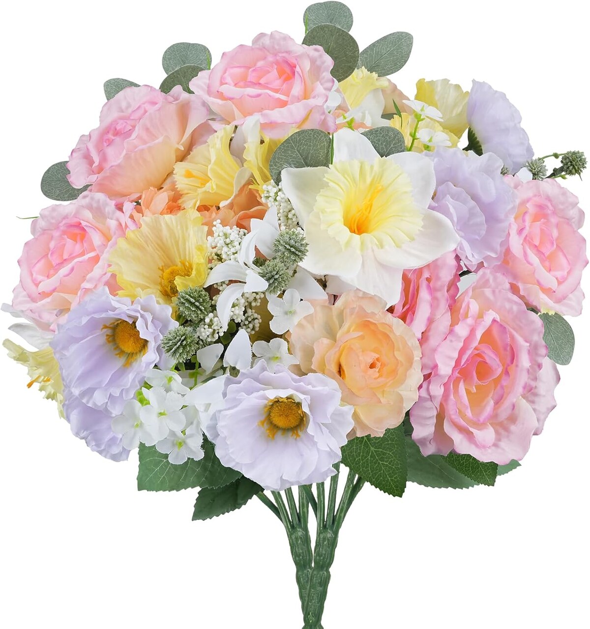 2 Bundles Colorful Faux Rose Bouquet with Daffodils Flower Silk Spring Summer Grave Flowers for Wedding Centerpieces Home Arrangements Cemetery